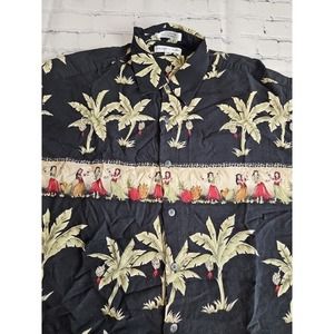 Pierre Cardin Medium Button Up Hawaiian Shirt Collared Black Korea‎ Hula Palm